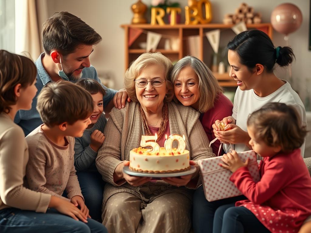 Mama świętująca 50 urodziny w otoczeniu rodziny