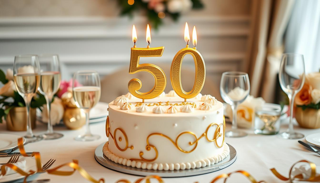Tort urodzinowy z napisem 50 lat i płonącymi świeczkami na elegancko nakrytym stole